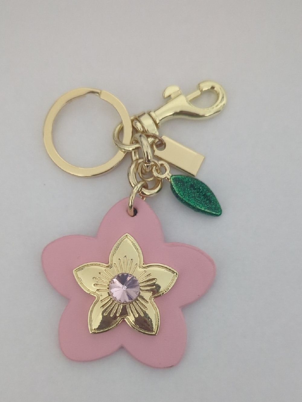Pink Flower Charm Keychain with Gold Accents
